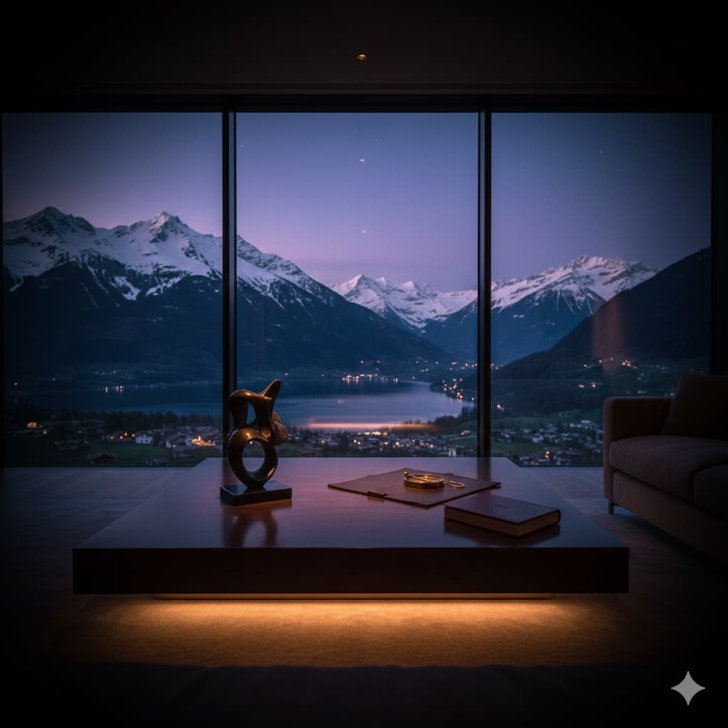 A quiet room at twilight above a Swiss lake — documents ready on the table